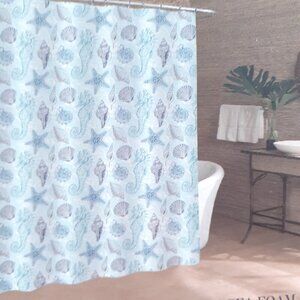 Caribbean Joe Fabric Shower Curtain Hooks Liner Included  70x72 Sea Foam Shells